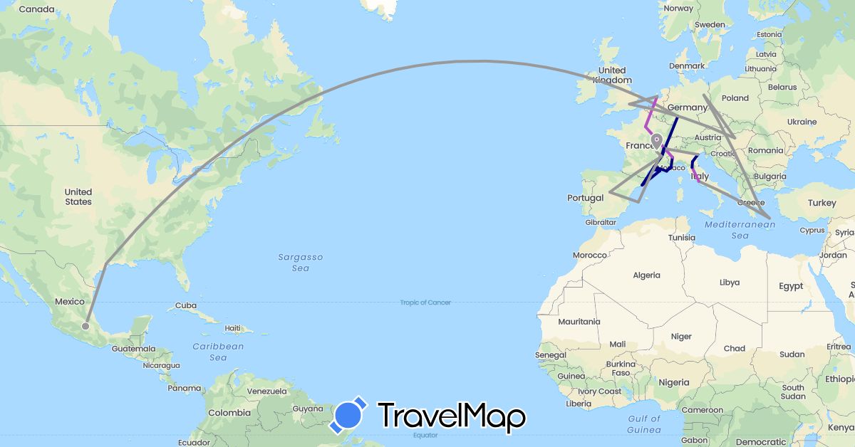 TravelMap itinerary: driving, plane, train in Switzerland, Germany, Spain, France, United Kingdom, Greece, Hungary, Italy, Monaco, Netherlands, United States (Europe, North America)